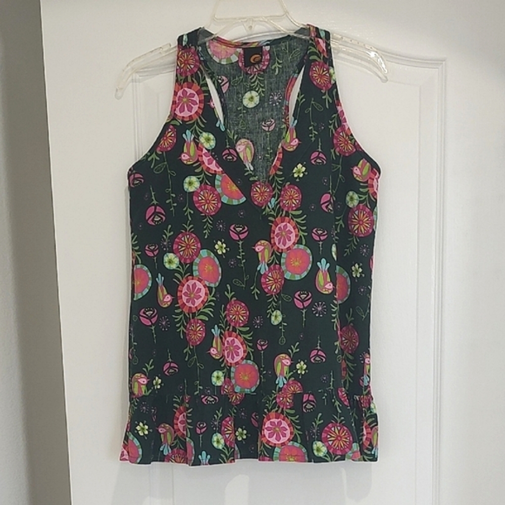 ENFIM Sleeveless Ruffle Hem Loose Fit Boho Print Blouse Racerback M Green Pink